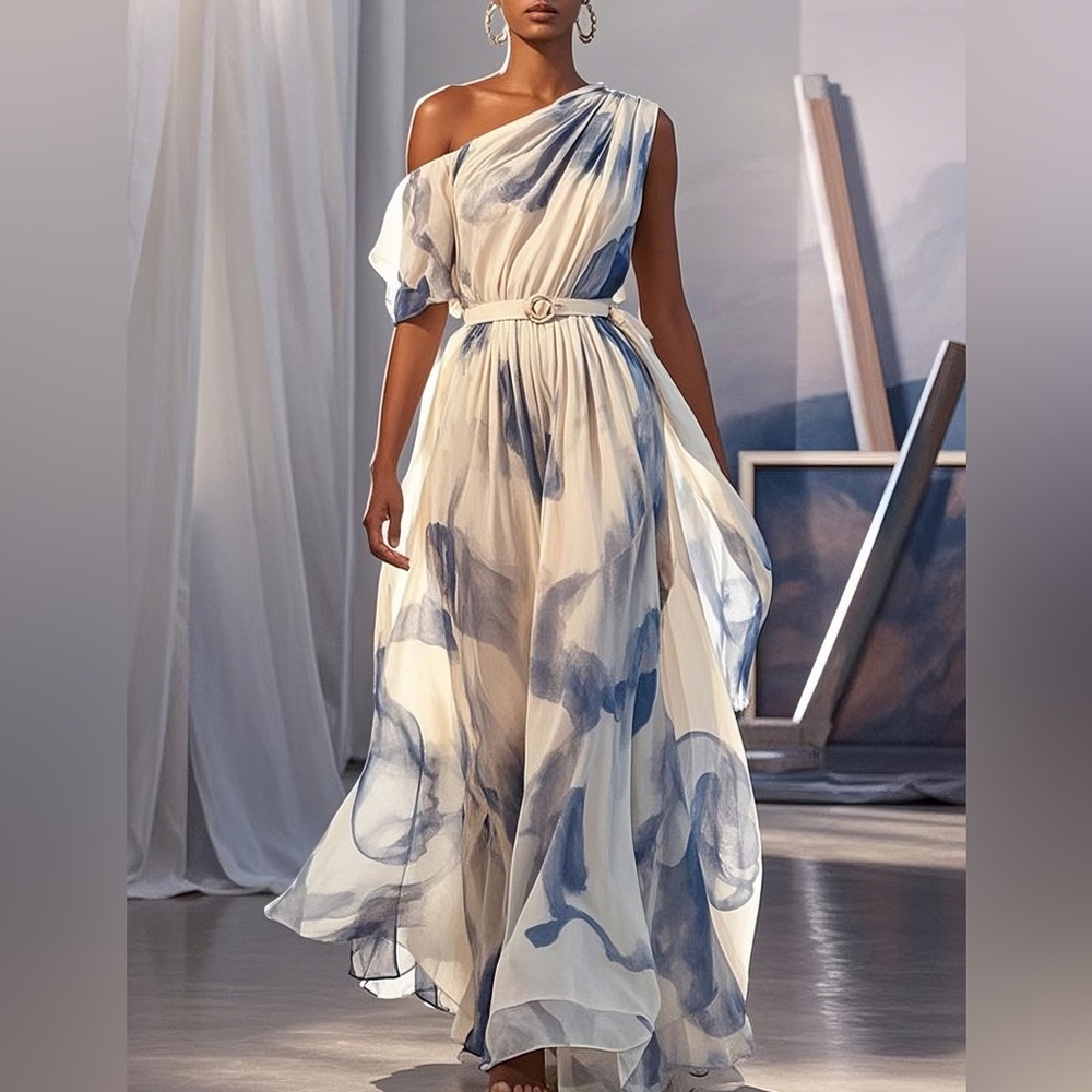 Chic One-Shoulder Blue and White Dress